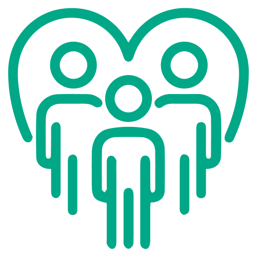 Green community icon with three figures inside a heart shape representing care and support