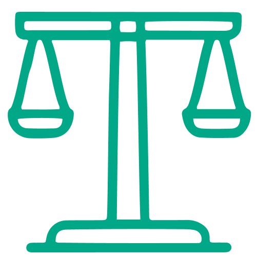 Green icon of balanced scales representing legal support and justice