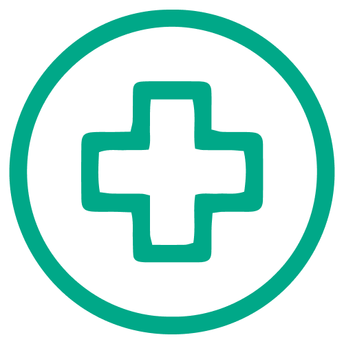 Green medical cross icon inside a circle representing healthcare support and services