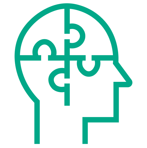Green icon of a human head made of puzzle pieces representing mental health and well-being