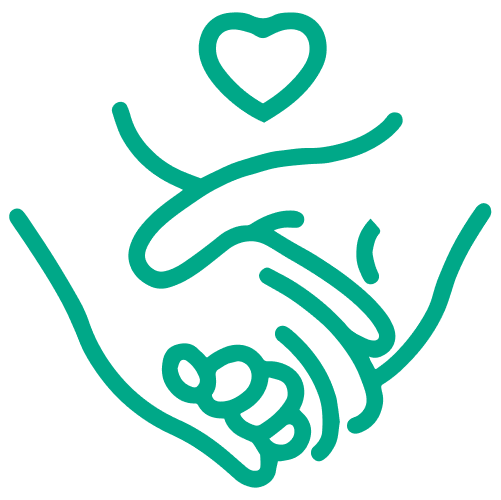 Green icon of two hands clasped with a heart above, symbolizing trust and supportive relationships